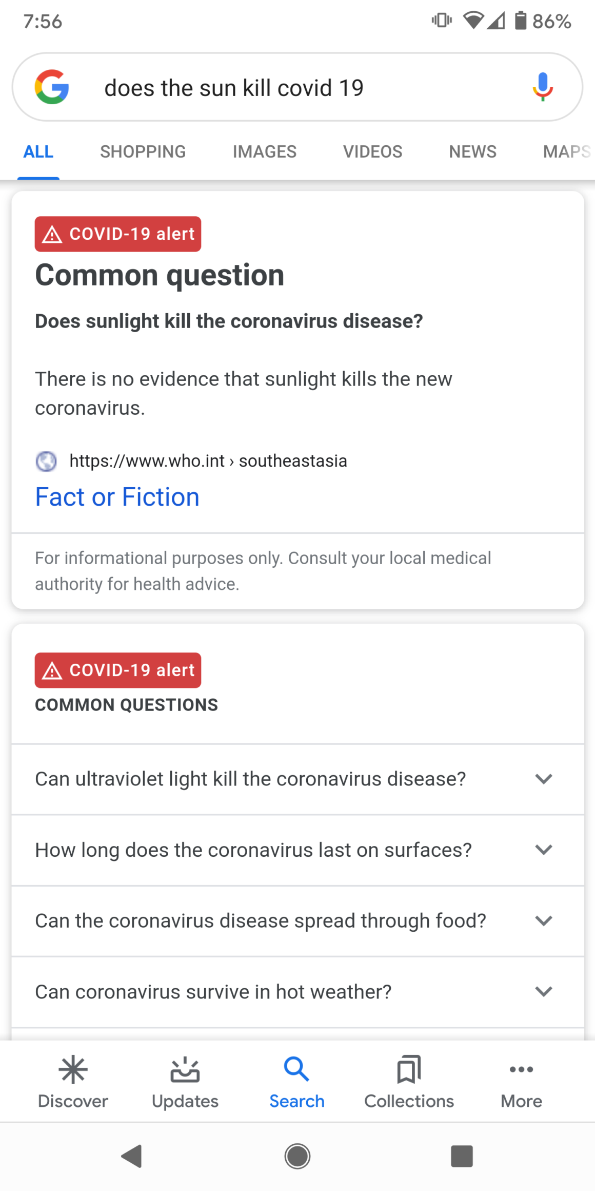 Fact-checking "Covid is killed by sunlight" screen 1: WHO statement.