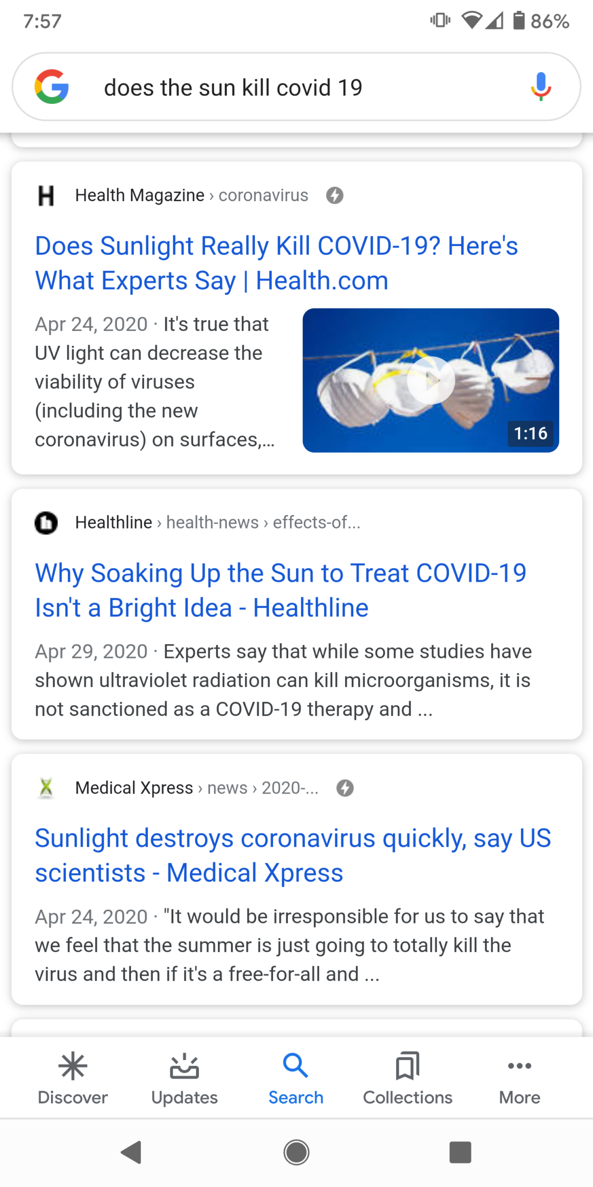Fact-checking "Covid is killed by sunlight" screen 2 - several news sources.