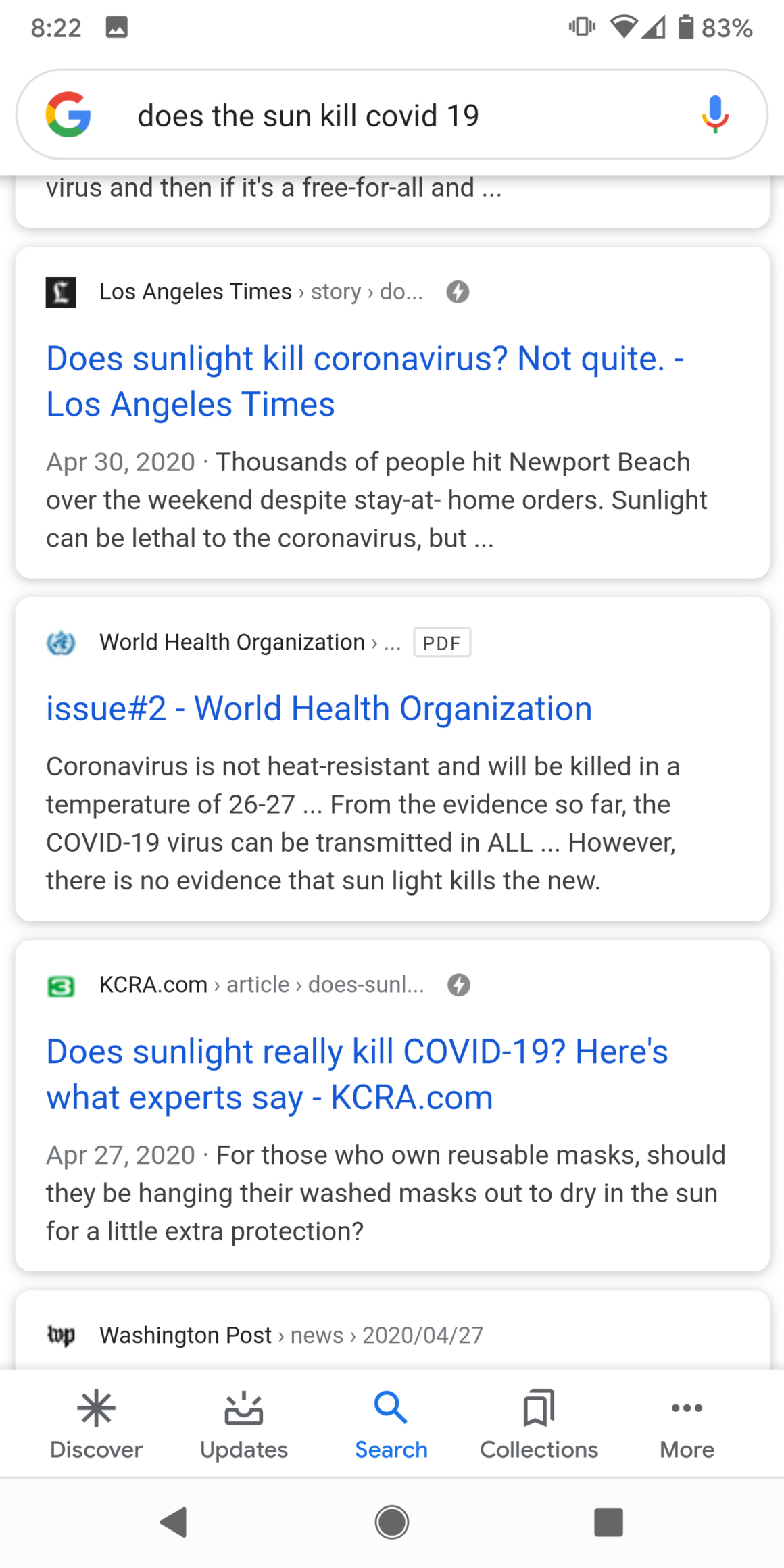 Fact-checking "Covid is killed by the sun" - Third screen in search. More news sources.